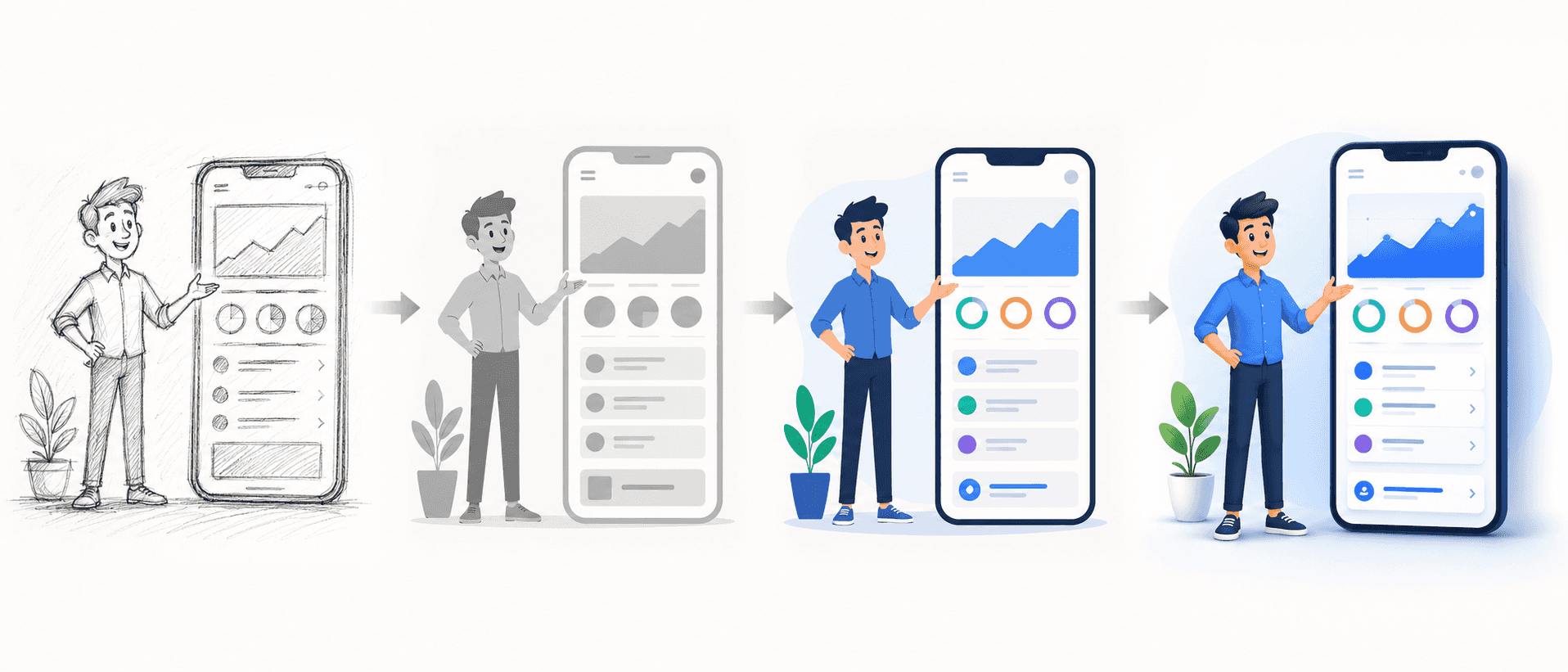 Explainer video production stages — a single character-and-app scene shown progressing left to right from a pencil sketch, to a grayscale wireframe, to a flat colour pass, to the final polished frame.