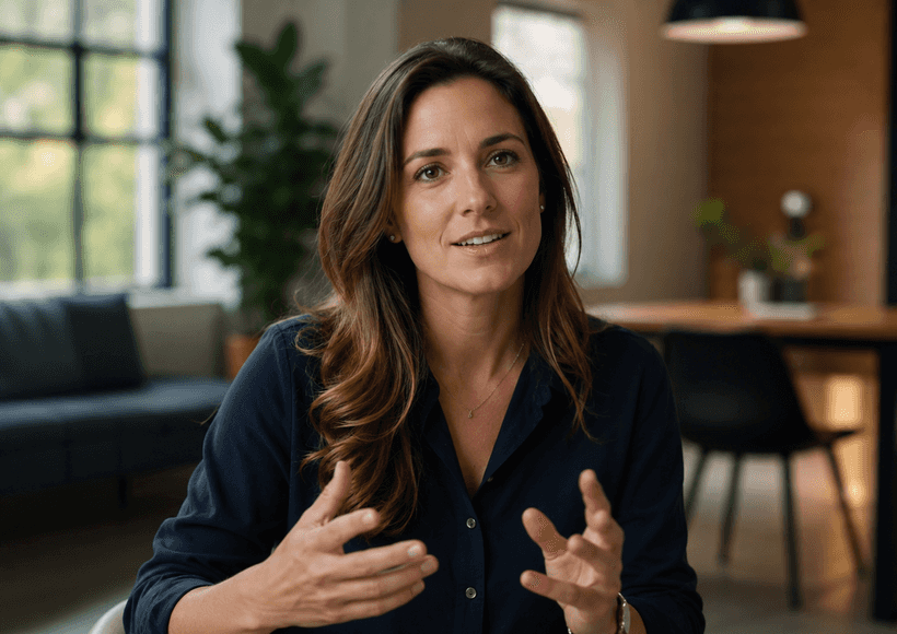 Live-action explainer video still — a person speaking to camera in a real filmed interior setting, the filmed live-action style.