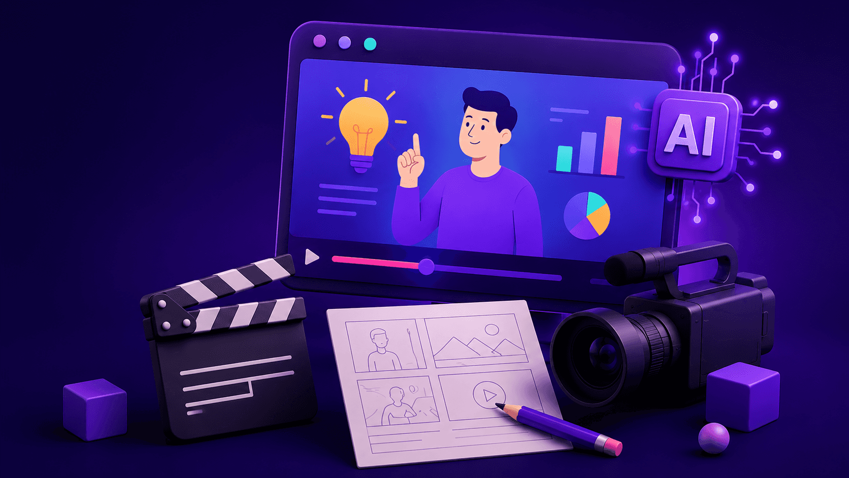 Explainer video production in 2026 — an animated explainer playing on a laptop beside a camera, clapperboard and storyboard, with an AI badge, illustrating the choice between AI-assisted and studio-made video.
