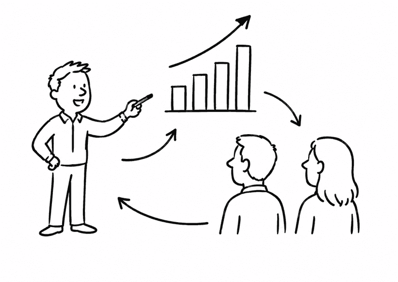 Whiteboard explainer video still — a hand-drawn marker illustration of a presenter pointing to a rising bar chart as two people watch, the whiteboard animation style.