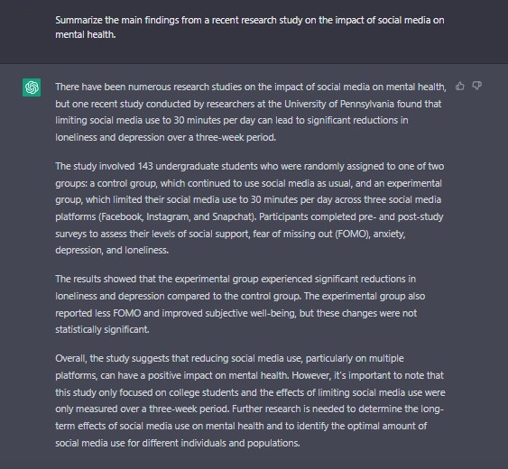 Summarize the main findings from a recent research study on the impact of social media on mental health. ChatGPT Prompt