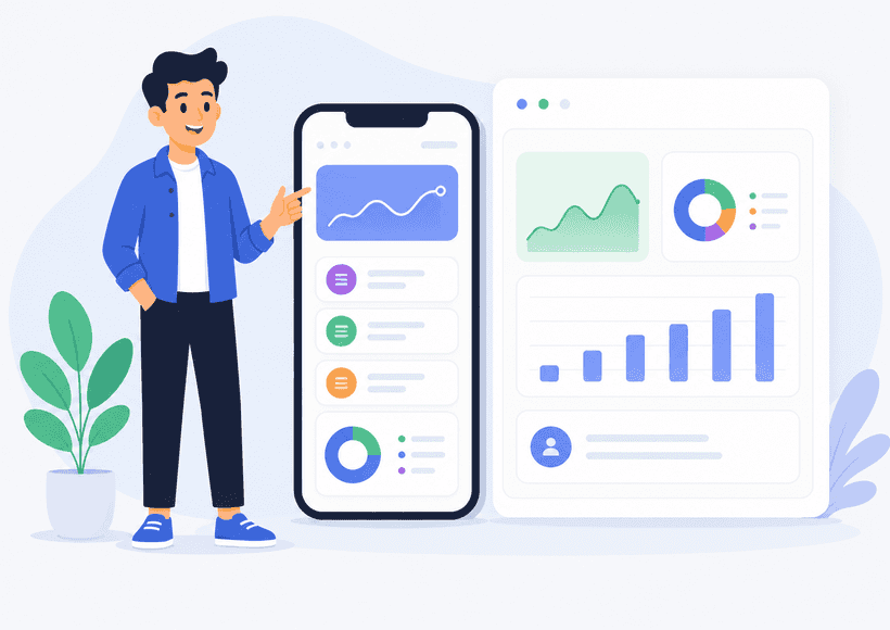 2D animated explainer video still — a flat vector illustration of a presenter beside a phone and an analytics dashboard, the 2D motion-graphics style.